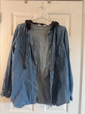Denim Button-Front Velvet Hooded Shirt